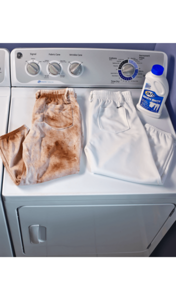 OUT® White Brite® Laundry Whitener package on washer beside red clay and white before and after baseball pants