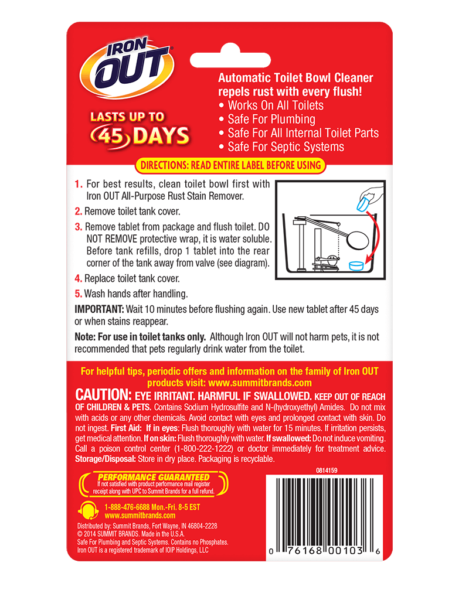 Iron OUT® Automatic Toilet Bowl Cleaner package back