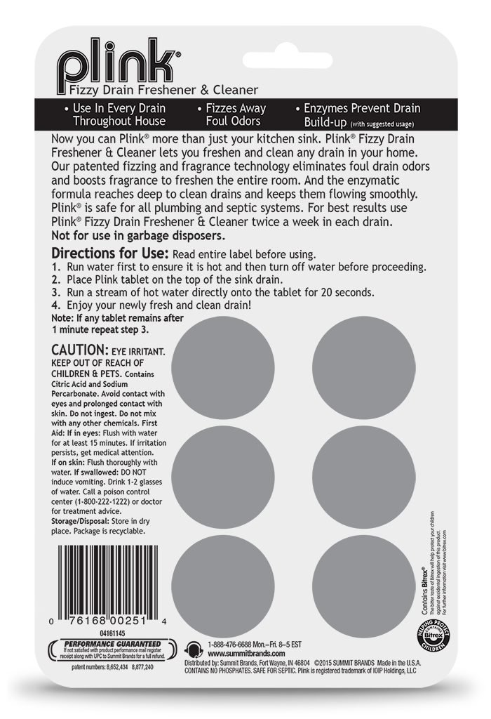 Plink Fizzy Drain Freshener & Cleaner Fresh Lemon Package Front; 6 use; SKU PDF01B