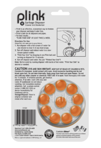 Plink Garbage Disposal Freshener & Cleaner Citrus Orange Package Back; 10 use; SKU PCO01B