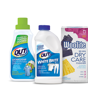Woolite and OUT Laundry Solutions product packages