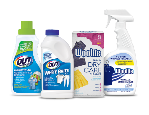 Woolite and OUT Laundry Solutions product packages