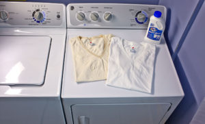 Before and After of yellowed T-Shirt with White Brite Laundry Whitener