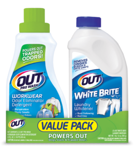 OUT Laundry value pack - ProWash Workwear Odor Eliminator Detergent and White Brite Laundry Whitener