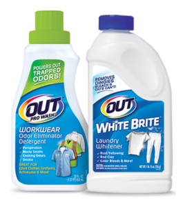 OUT Laundry product packages - ProWash Workwear Odor Eliminator and White Brite Laundry Whitener
