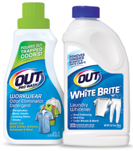 OUT Laundry product packages - ProWash Workwear Odor Eliminator and White Brite Laundry Whitener