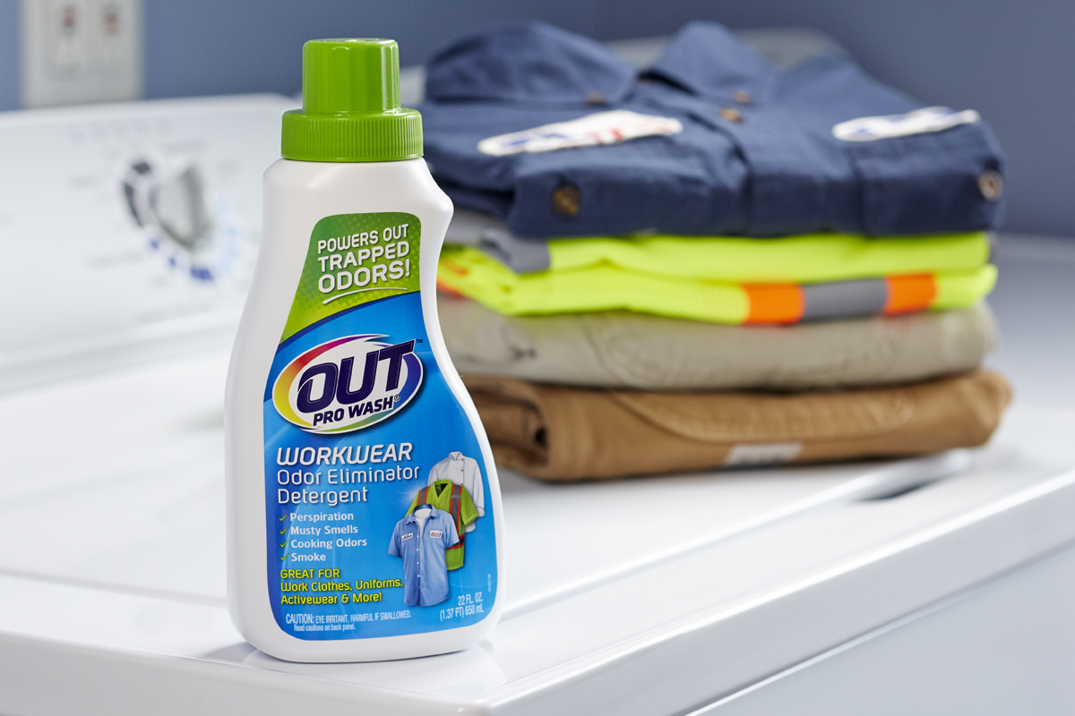 detergent and clean folded clothes